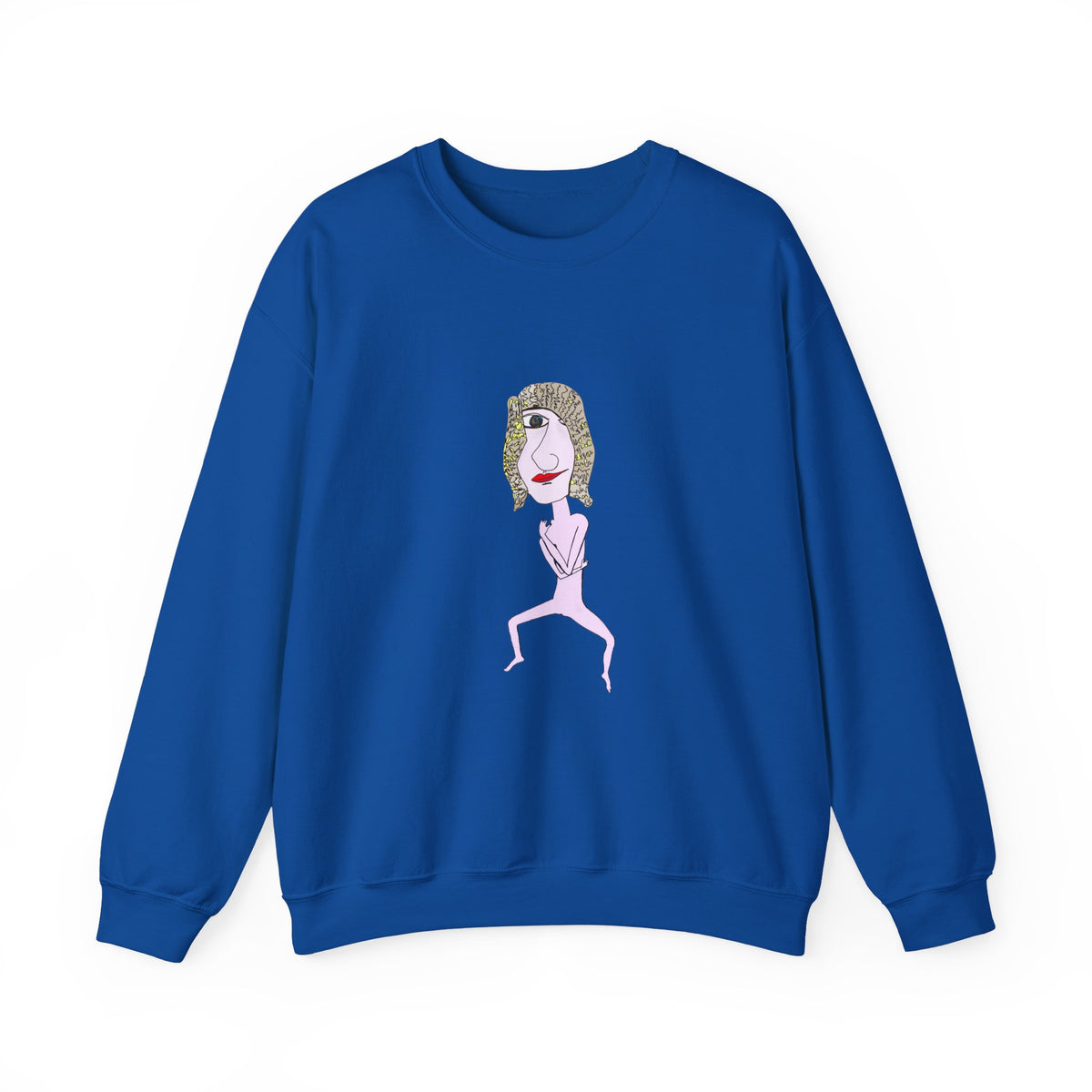Front view of blue Hair Dude crewneck sweatshirt with colorful hand-drawn character graphic.