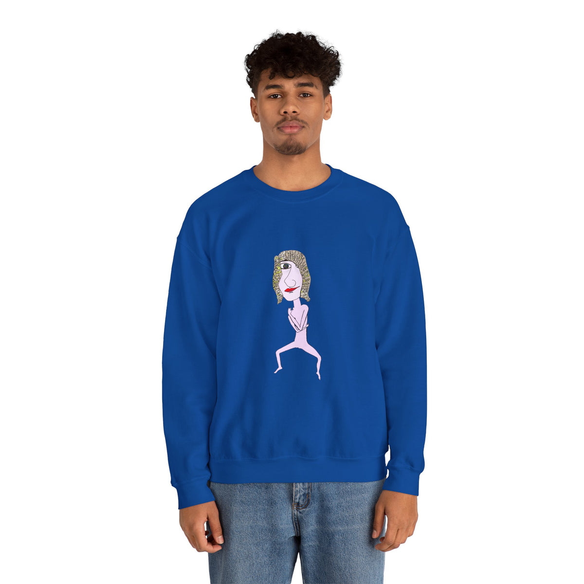 Male model wearing the blue Hair Dude graphic crewneck sweatshirt from the front.