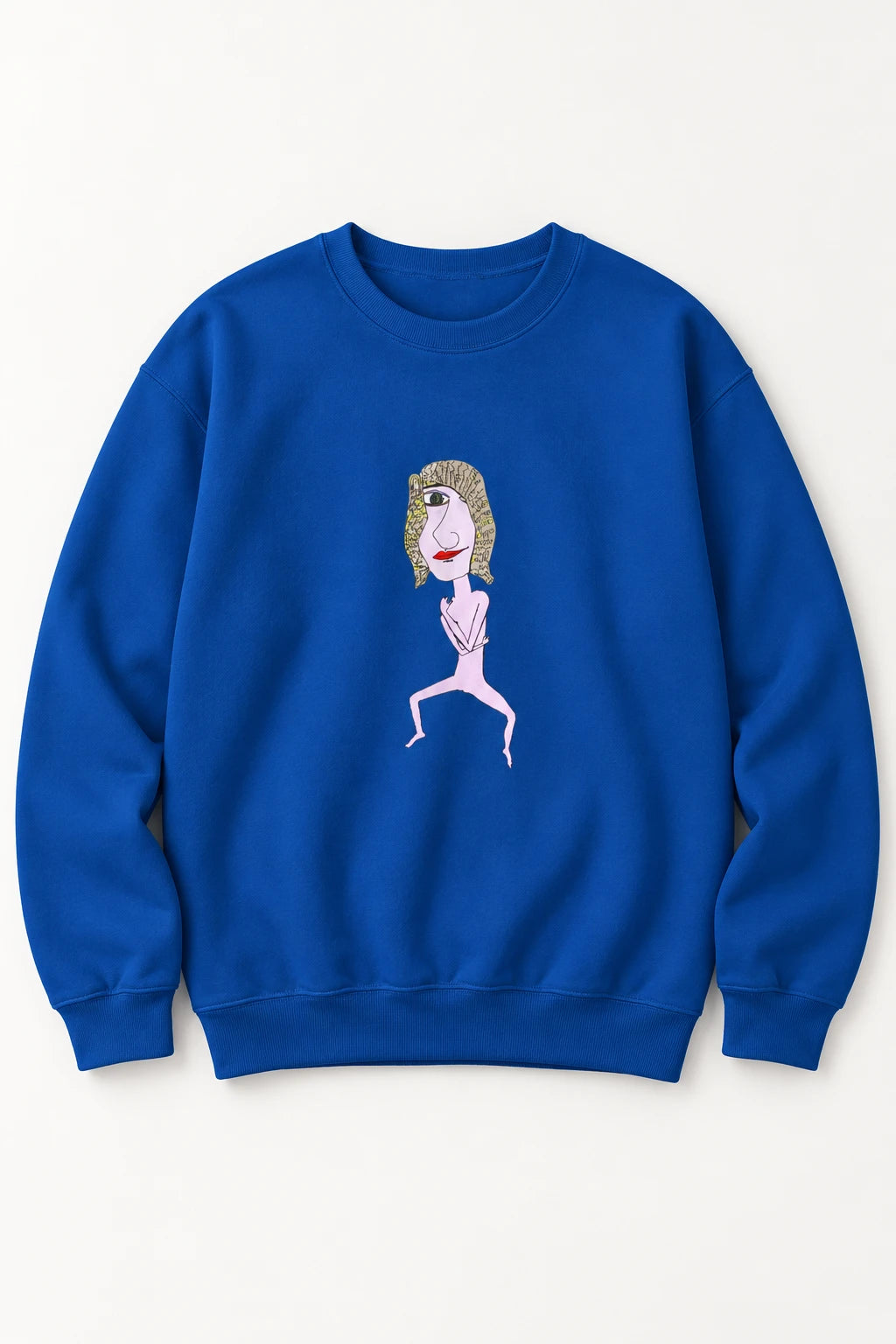 Blue Hair Dude sweatshirt with original hand-drawn character artwork in a clean flat lay.