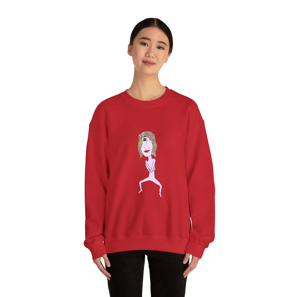 Female model wearing the red Hair Dude graphic crewneck sweatshirt.