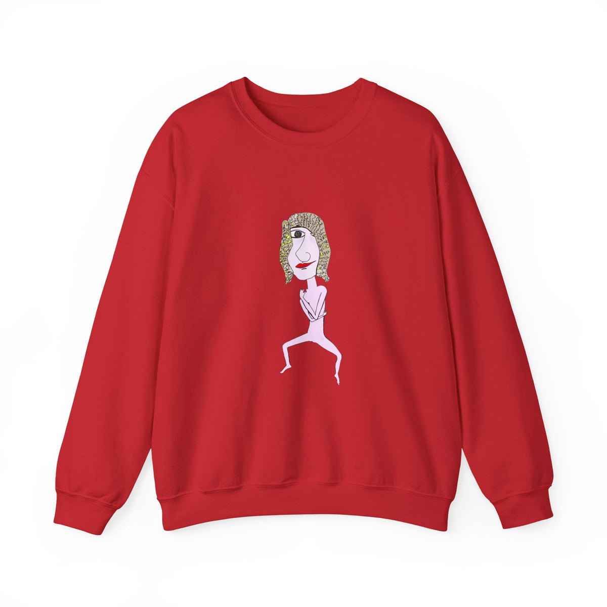 Front view of red Hair Dude sweatshirt with colorful hand-drawn character graphic.