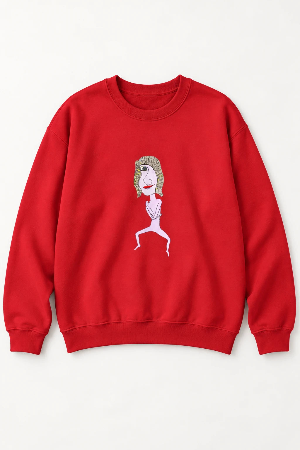 Red Hair Dude sweatshirt with original hand-drawn character artwork in a clean flat lay.