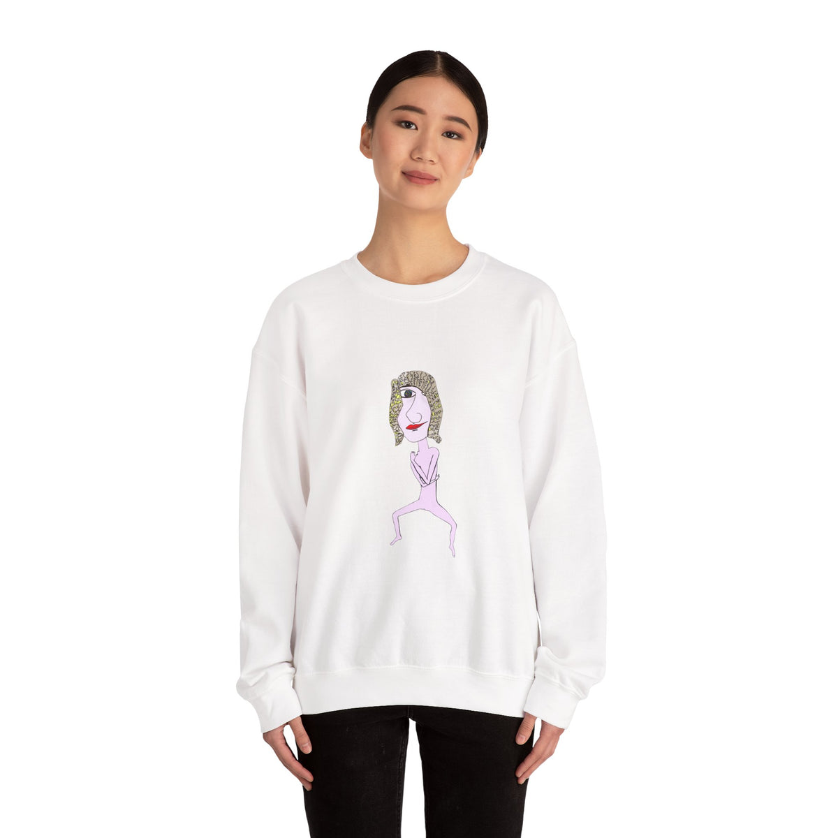 Female model wearing the white Hair Dude hand-drawn character sweatshirt.