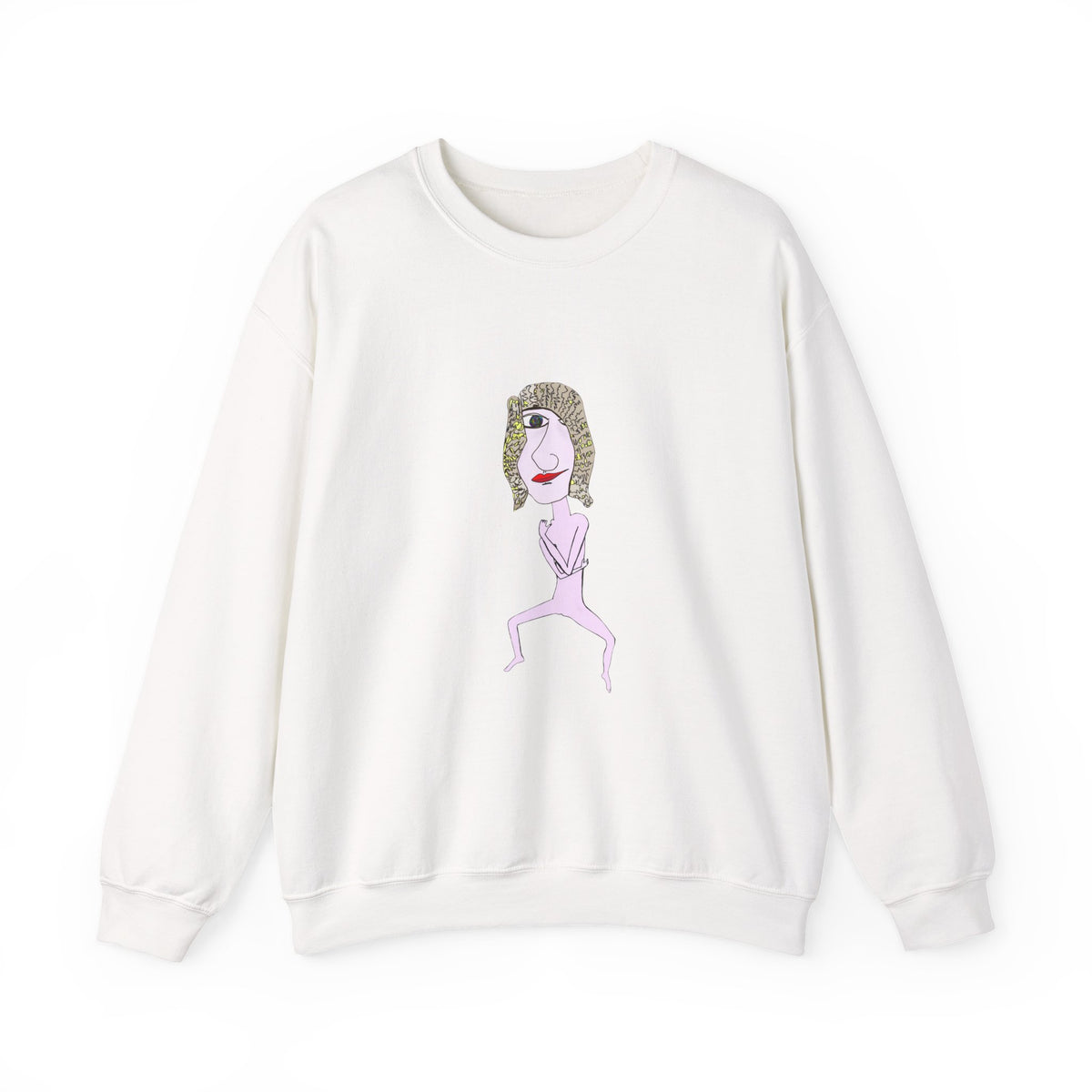 Front view of white Hair Dude crewneck sweatshirt with hand-drawn character graphic.
