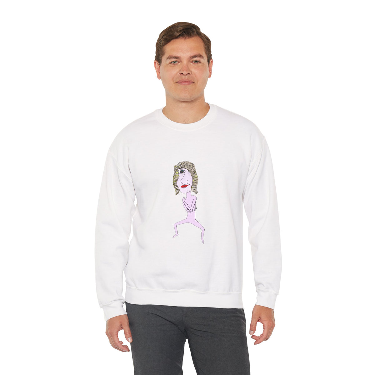 Male model wearing the white Hair Dude graphic sweatshirt from the front.