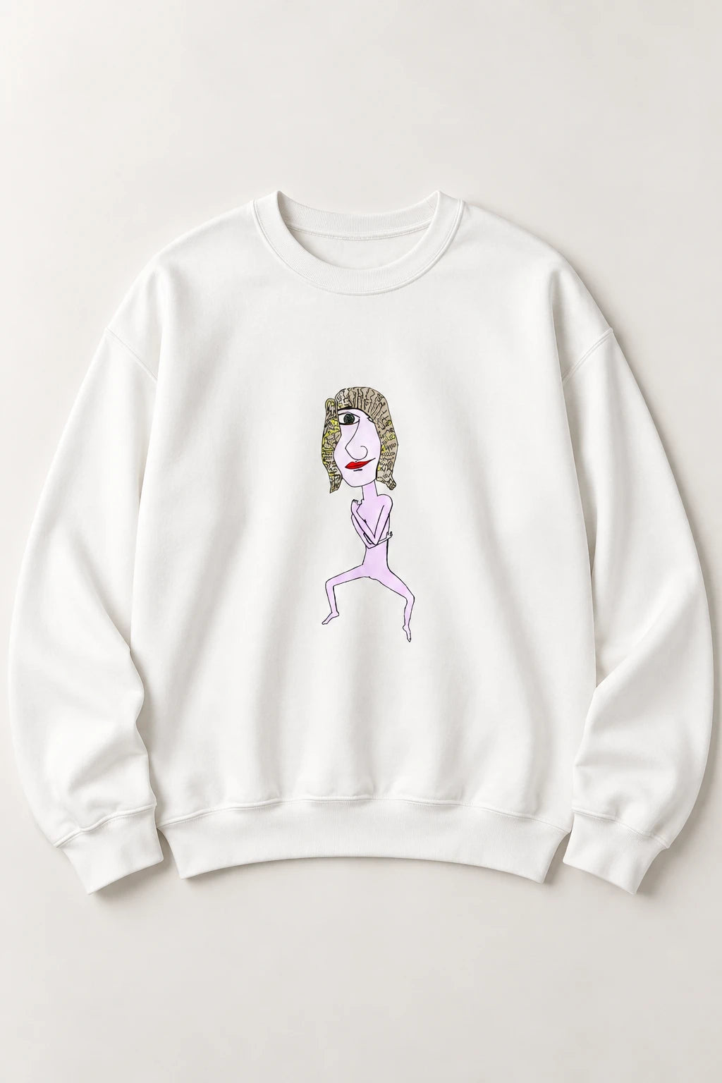 White Hair Dude sweatshirt with original colorful hand-drawn character artwork in a flat lay.