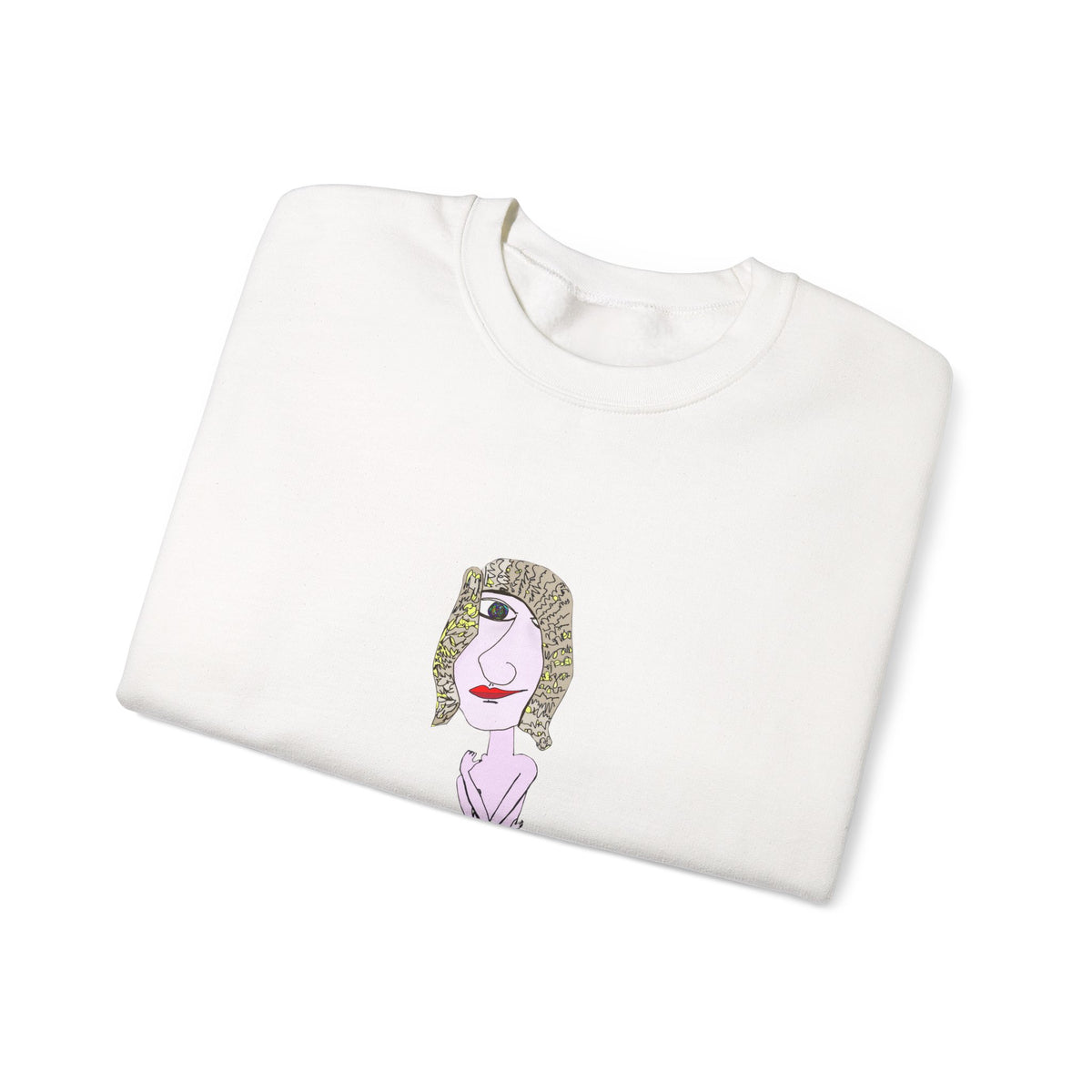 Folded white Hair Dude sweatshirt showing the hand-drawn character artwork detail.