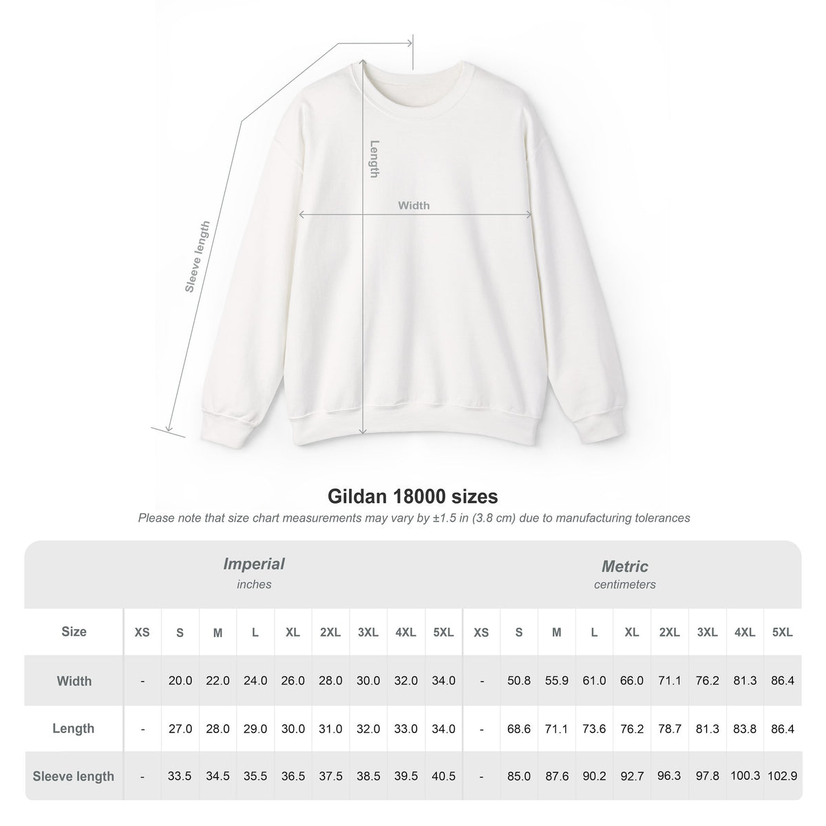 Hair Dude white sweatshirt product size chart and measurement guide.