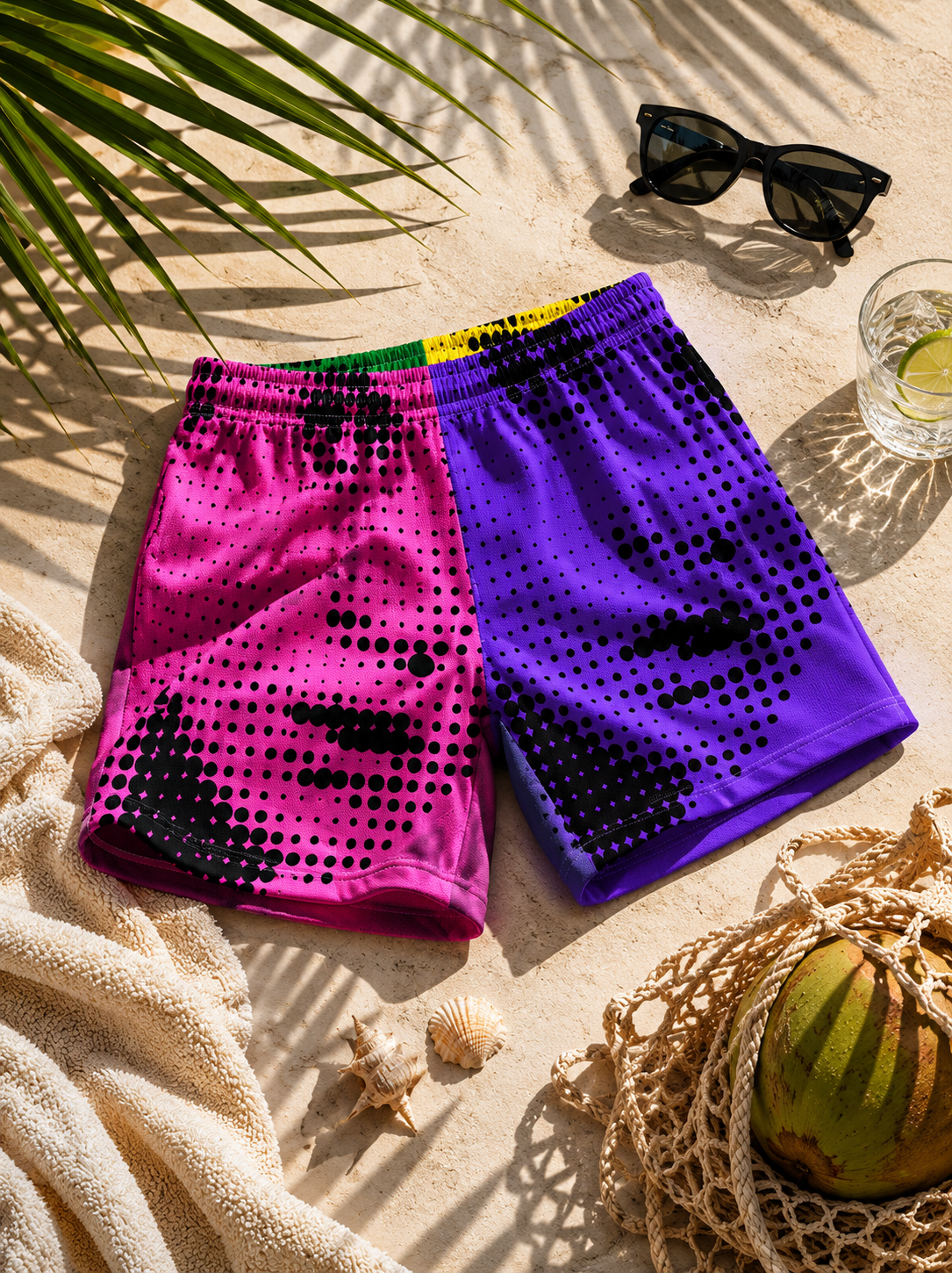 Pink and purple halftone face beach shorts styled in tropical summer flat lay scene. Front view