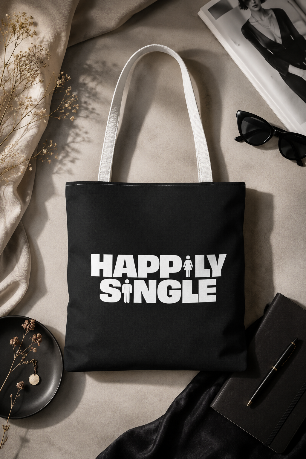 Black Happily Single tote bag with white straps styled in a cinematic editorial flat lay.