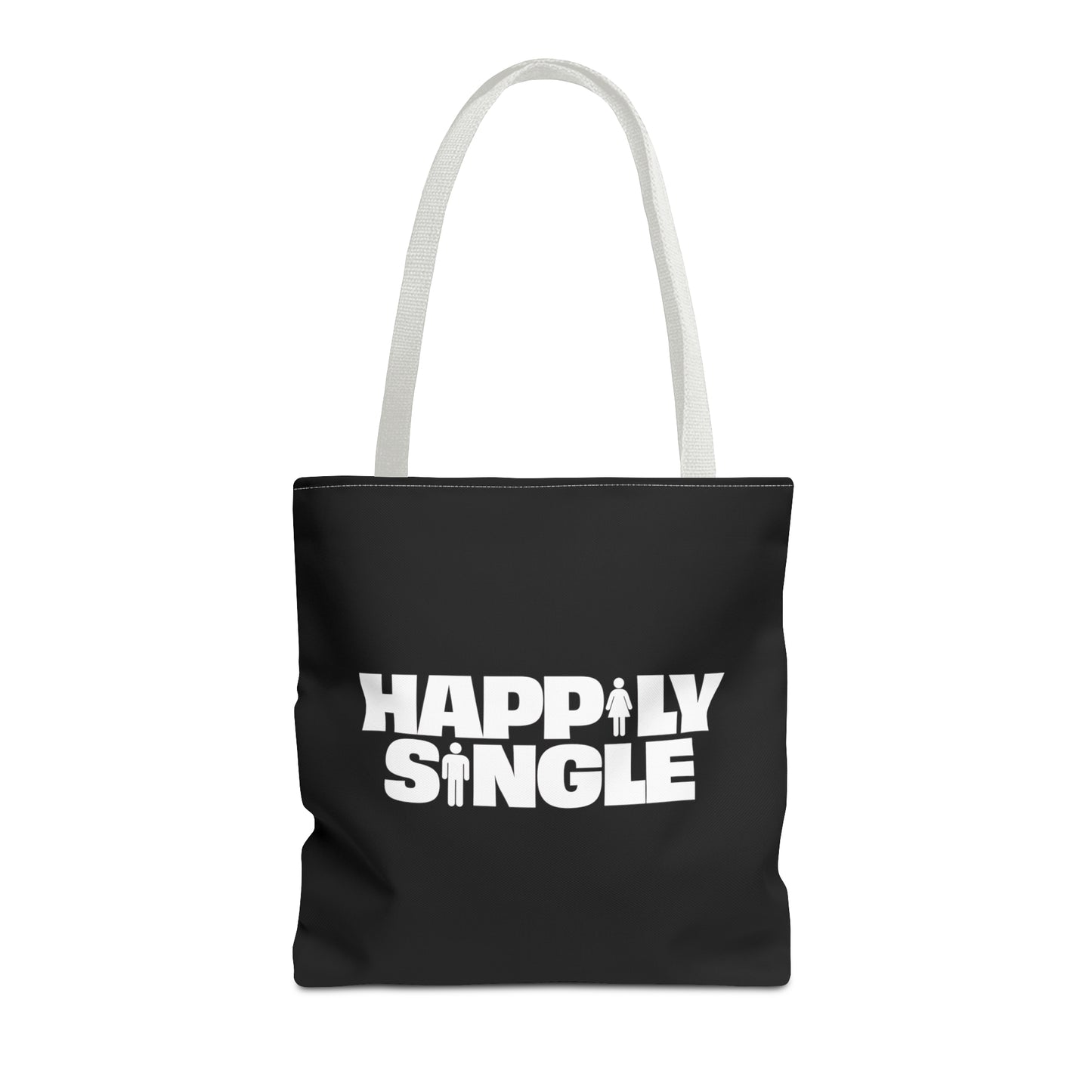 Front view of a black tote bag with white straps and bold white Happily Single graphic.
