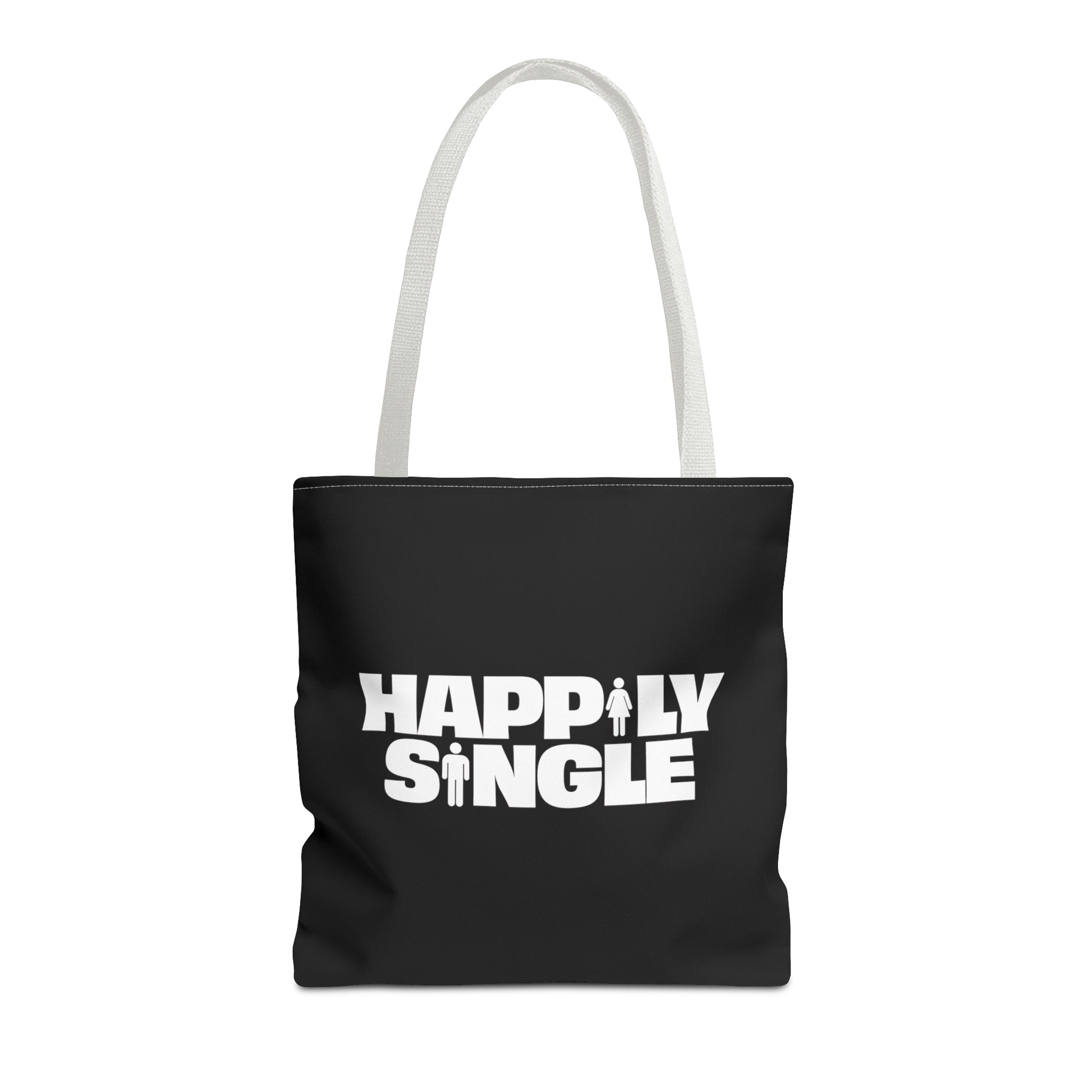 Front view of a black tote bag with white straps and bold white Happily Single graphic.