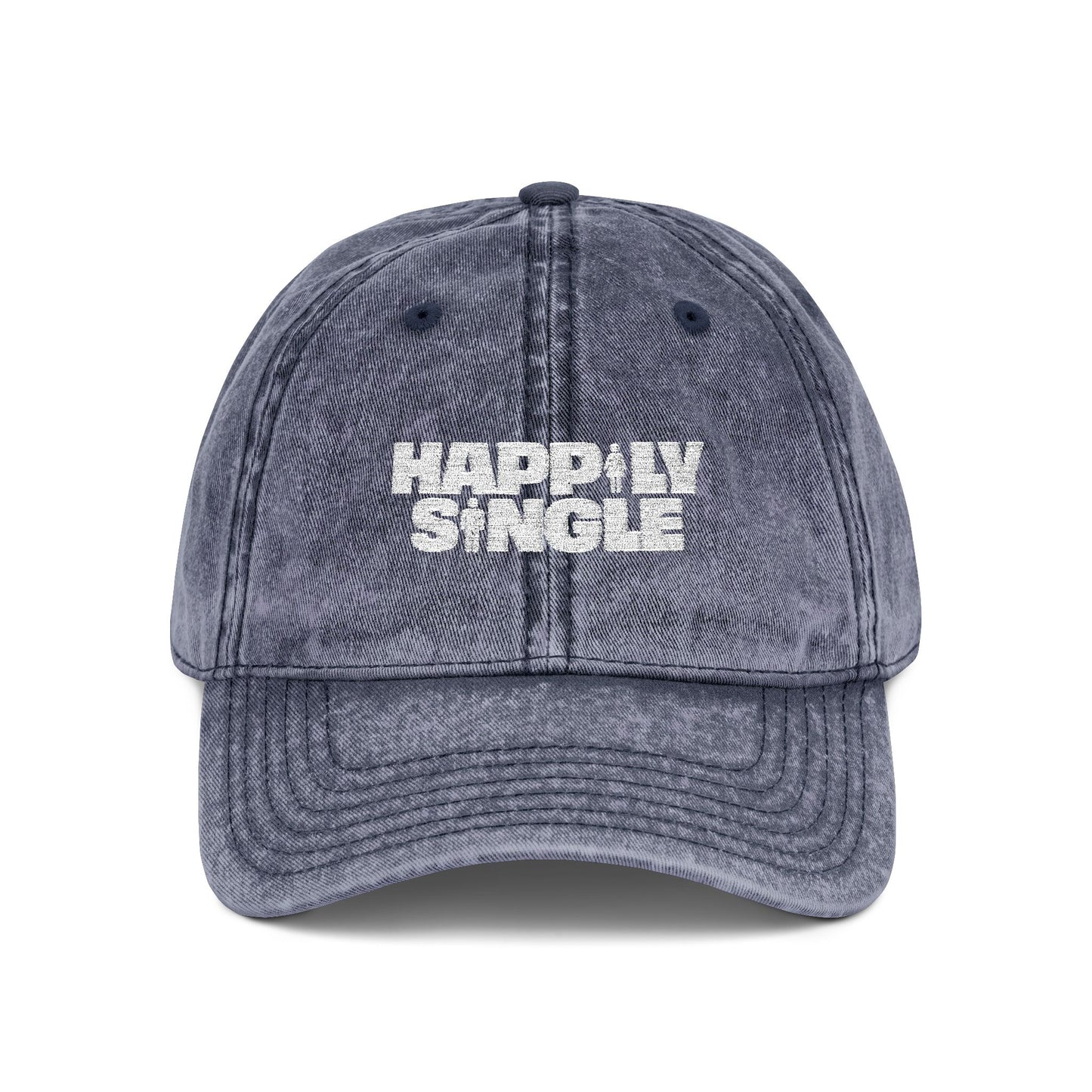 Front view of a blue Happily Single vintage wash baseball cap.