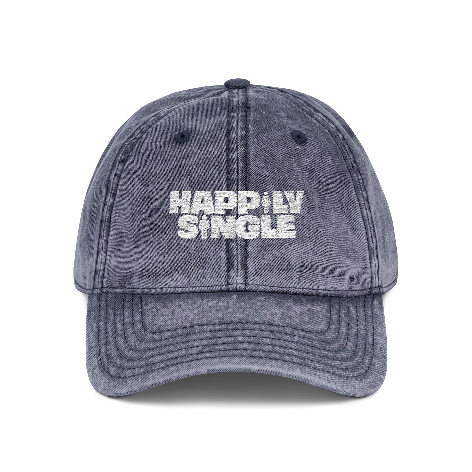 Front view of a blue Happily Single vintage wash baseball cap.