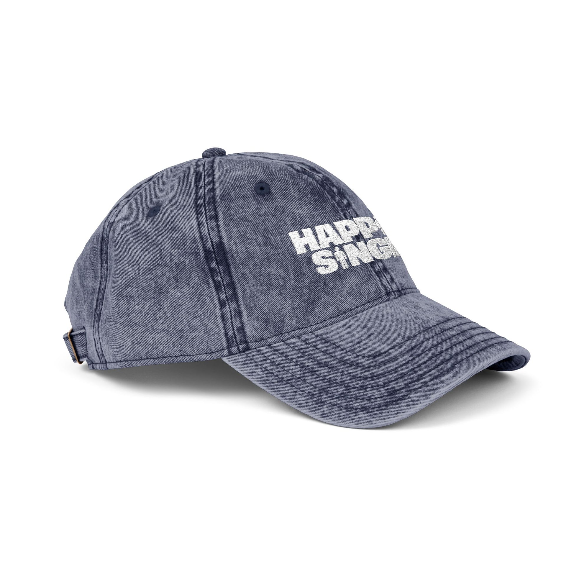 Side-angle product mockup of a blue Happily Single baseball cap.