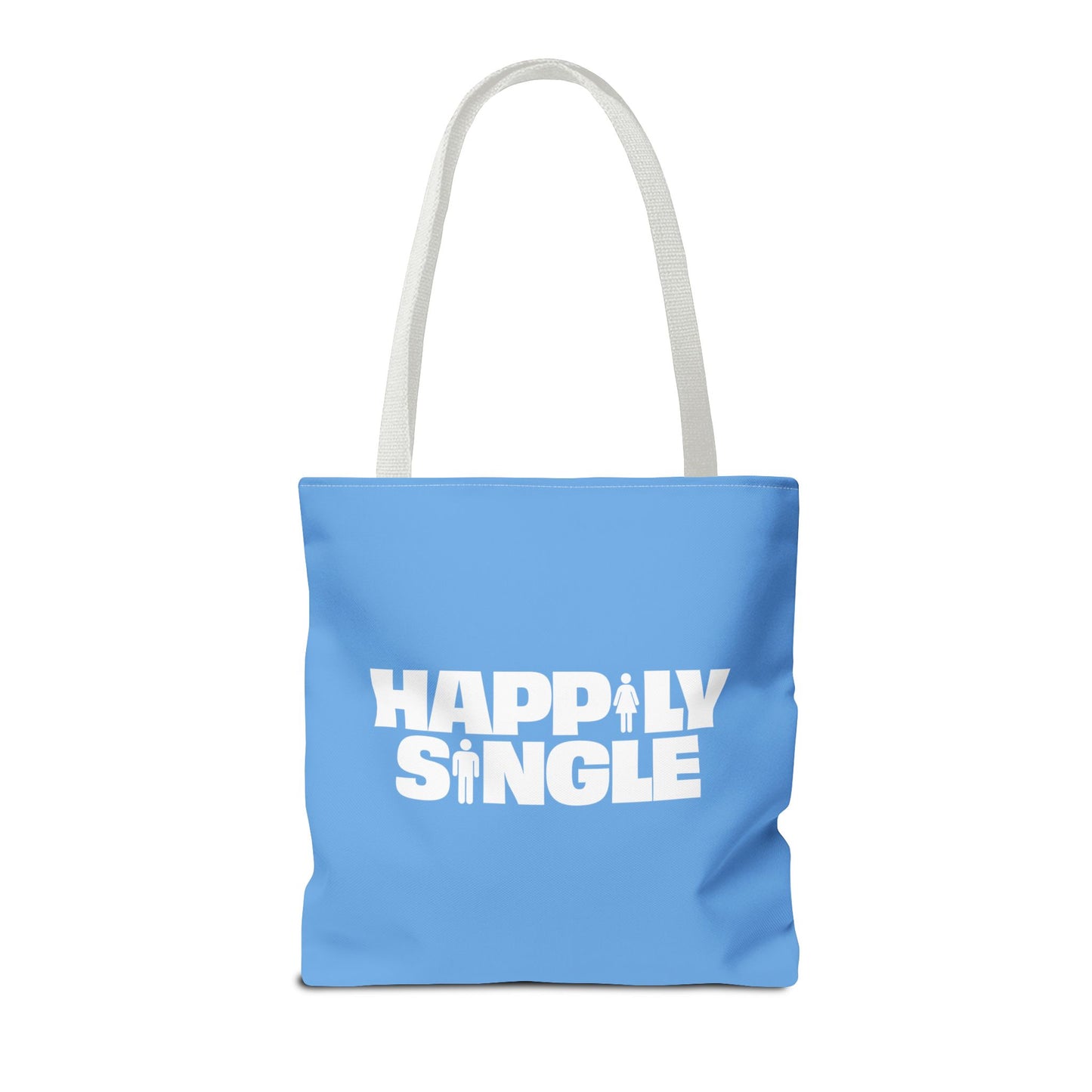 Blue graphic tote bag featuring a bold white Happily Single design and long white handles.