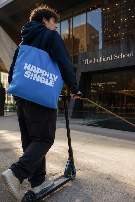 Gen Z male student carrying a blue Happily Single tote bag while riding a scooter outside The Juilliard School in Manhattan.