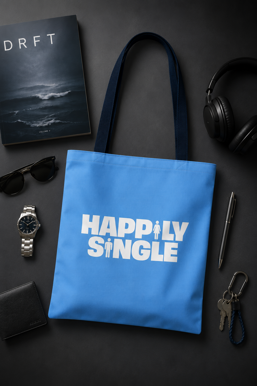 Blue Happily Single tote bag with navy straps styled in a dramatic masculine editorial flat lay.