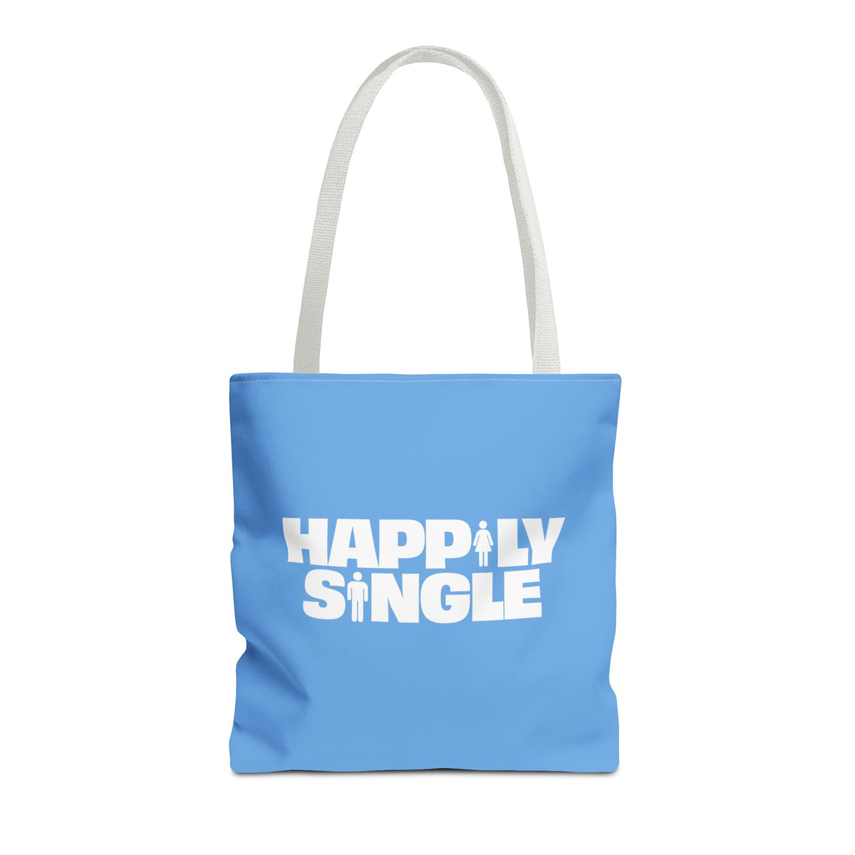 Front view of a blue tote bag with white shoulder straps and bold white Happily Single graphic.