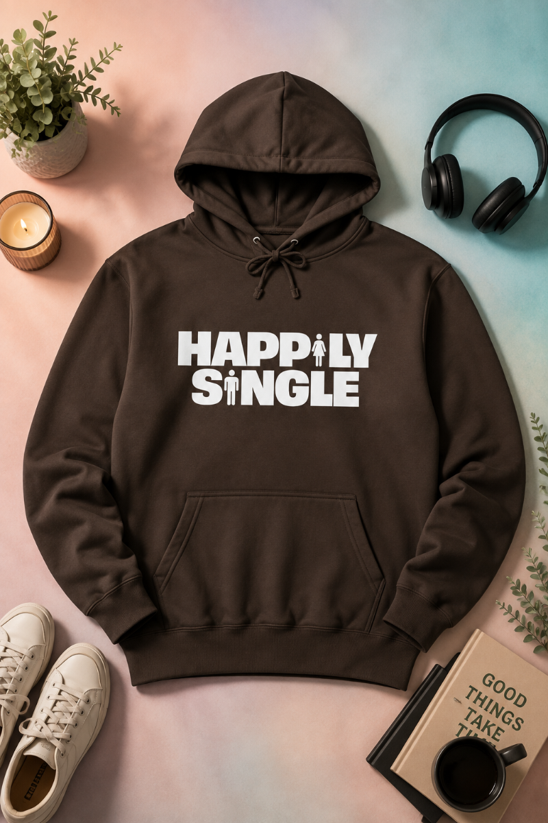 Brown Happily Single hoodie flat lay on peach and pale blue pastel background