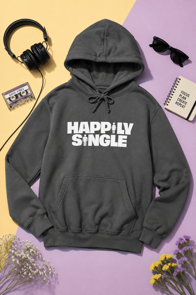 Charcoal gray Happily Single hoodie flat lay on yellow and lavender pastel background