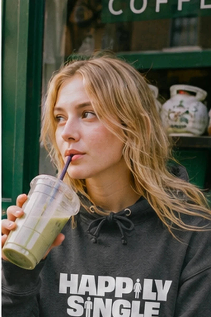 Gen Z woman wearing charcoal gray Happily Single hoodie at an outdoor café