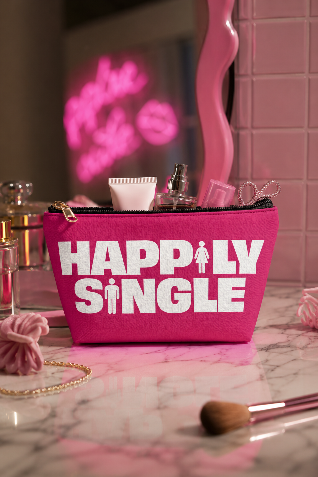 Pink Happily Single cosmetic pouch displayed beside a lighted vanity mirror