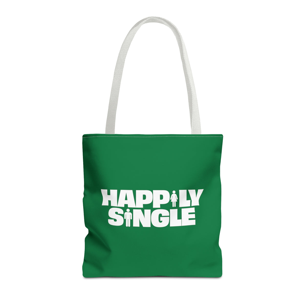 Green Happily Single tote bag with white straps on white background