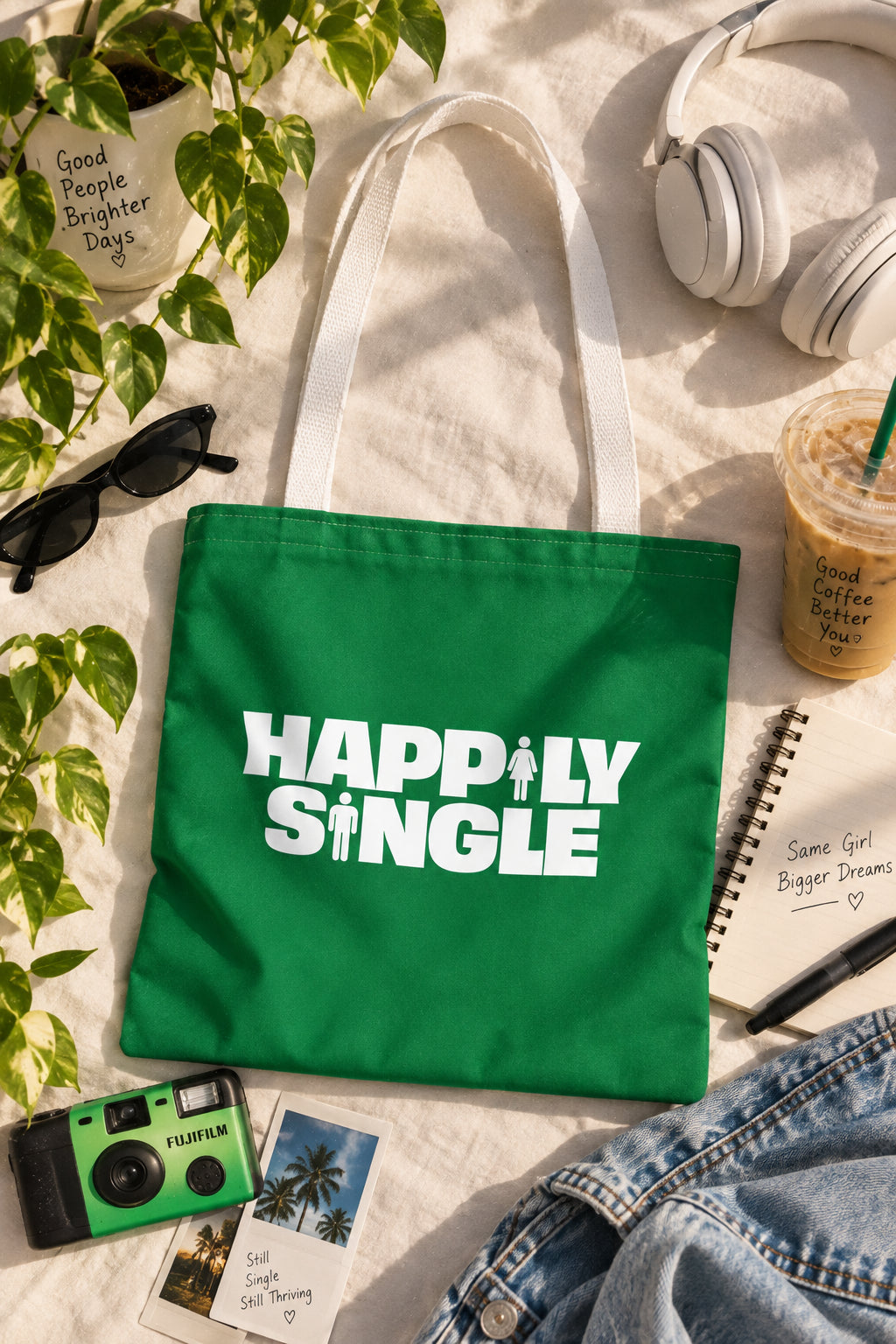 Happily Single green tote bag flat lay with everyday accessories