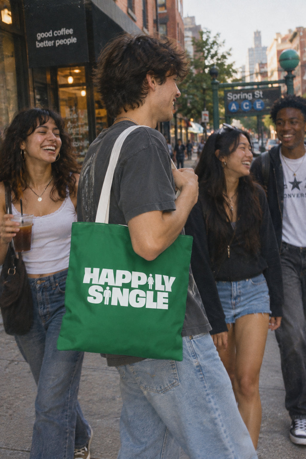Happily Single green unisex tote bag carried in a casual city group lifestyle scene