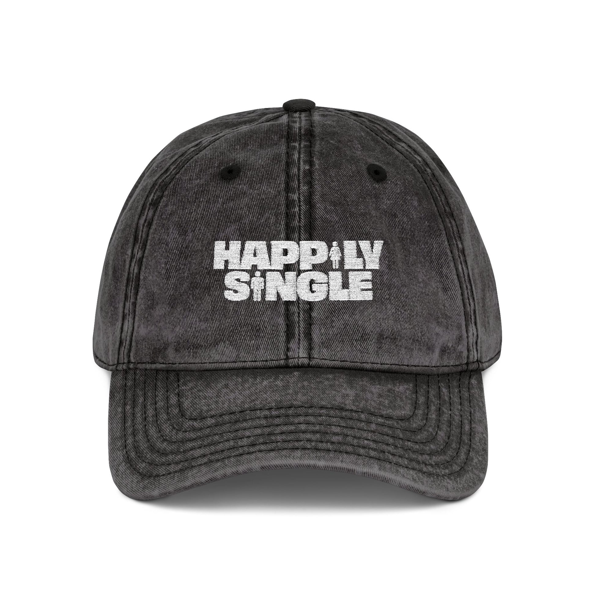 Front product image of a grey Happily Single embroidered baseball cap.