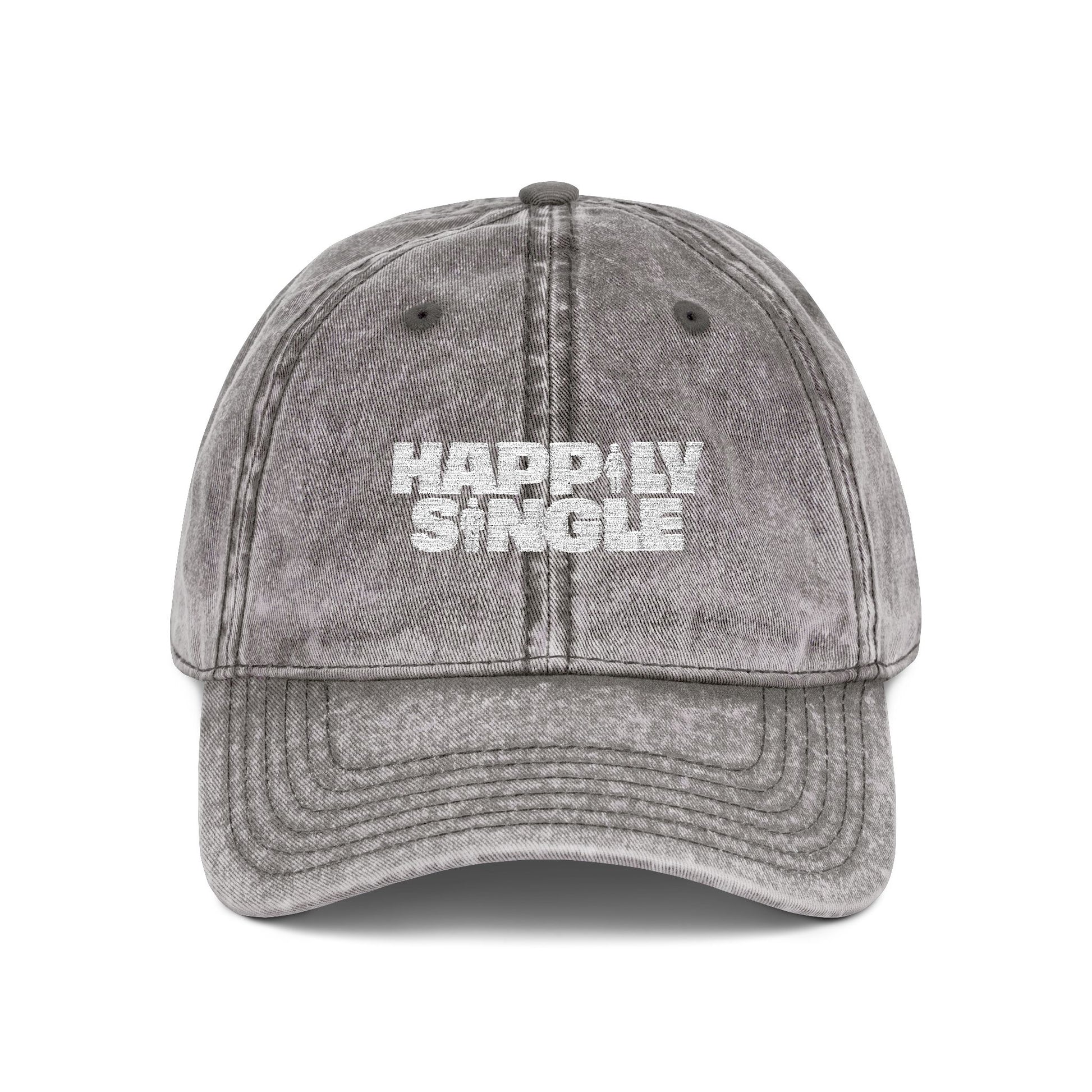 Front-facing grey Happily Single vintage wash baseball cap.