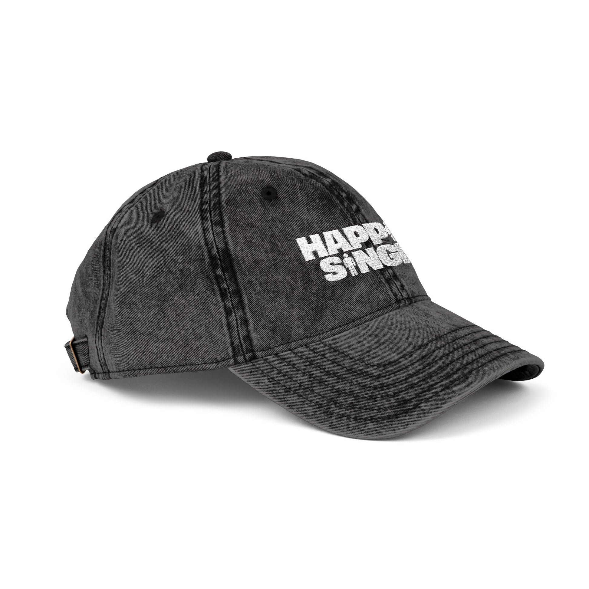 Side-angle product mockup of a grey Happily Single baseball cap.

