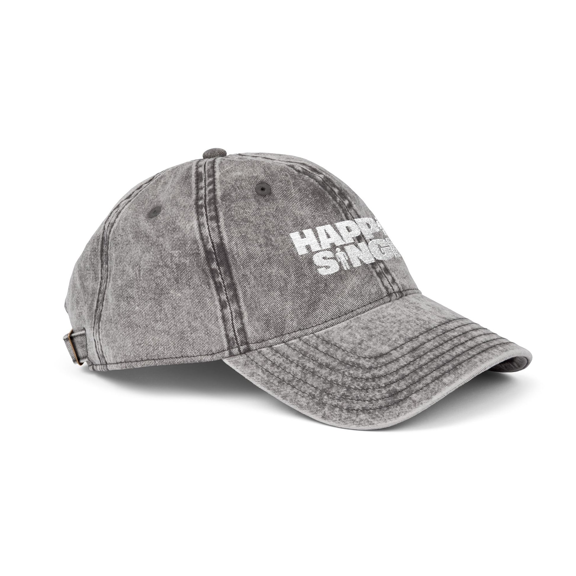 Side-angle view of a grey Happily Single baseball cap highlighting the embroidery.
