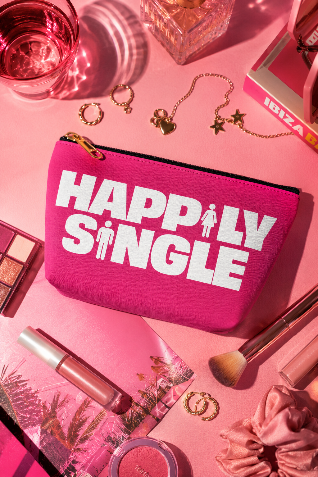 Pink Happily Single makeup pouch in an editorial flat lay with beauty and fashion accessories