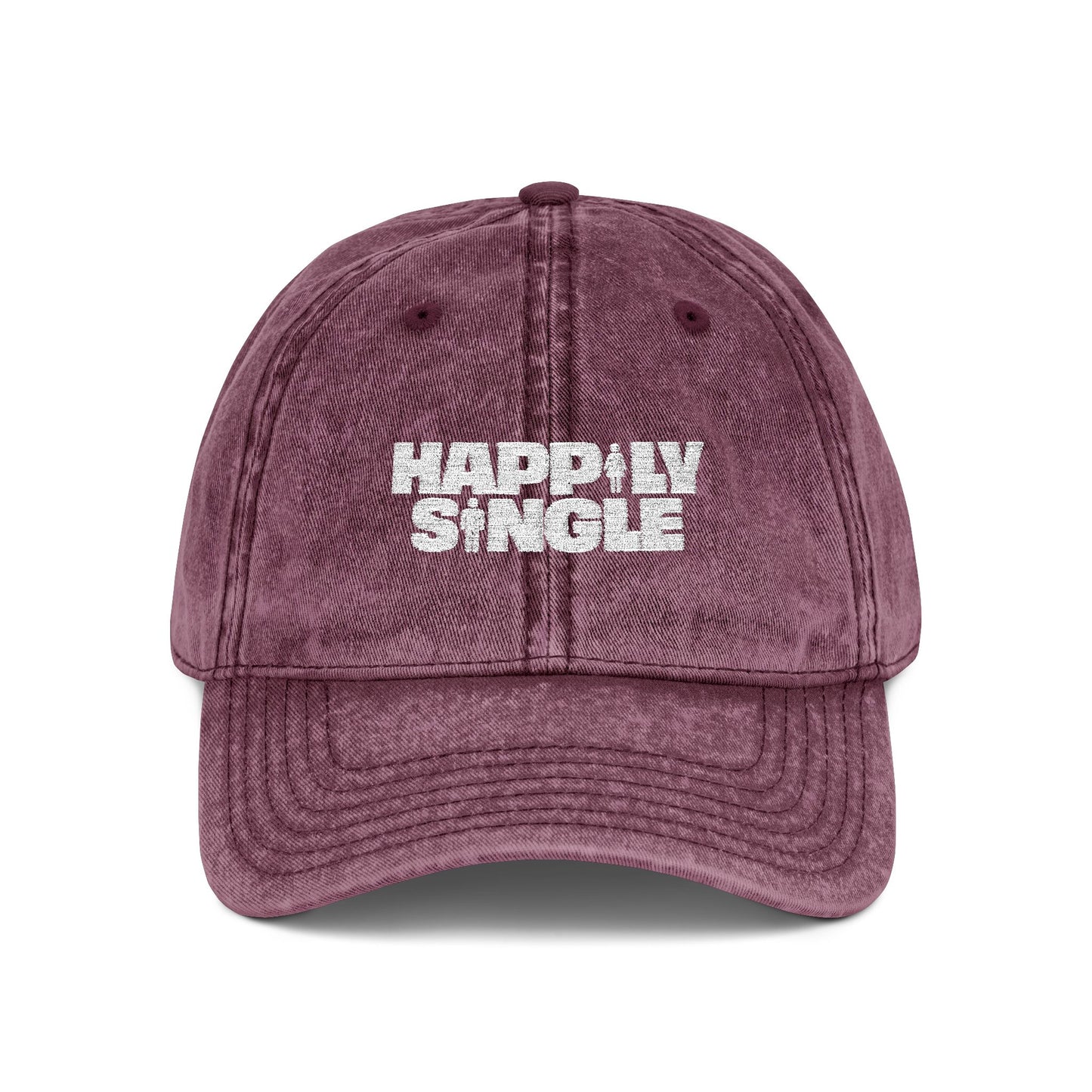 Front view of a maroon Happily Single vintage wash baseball cap.