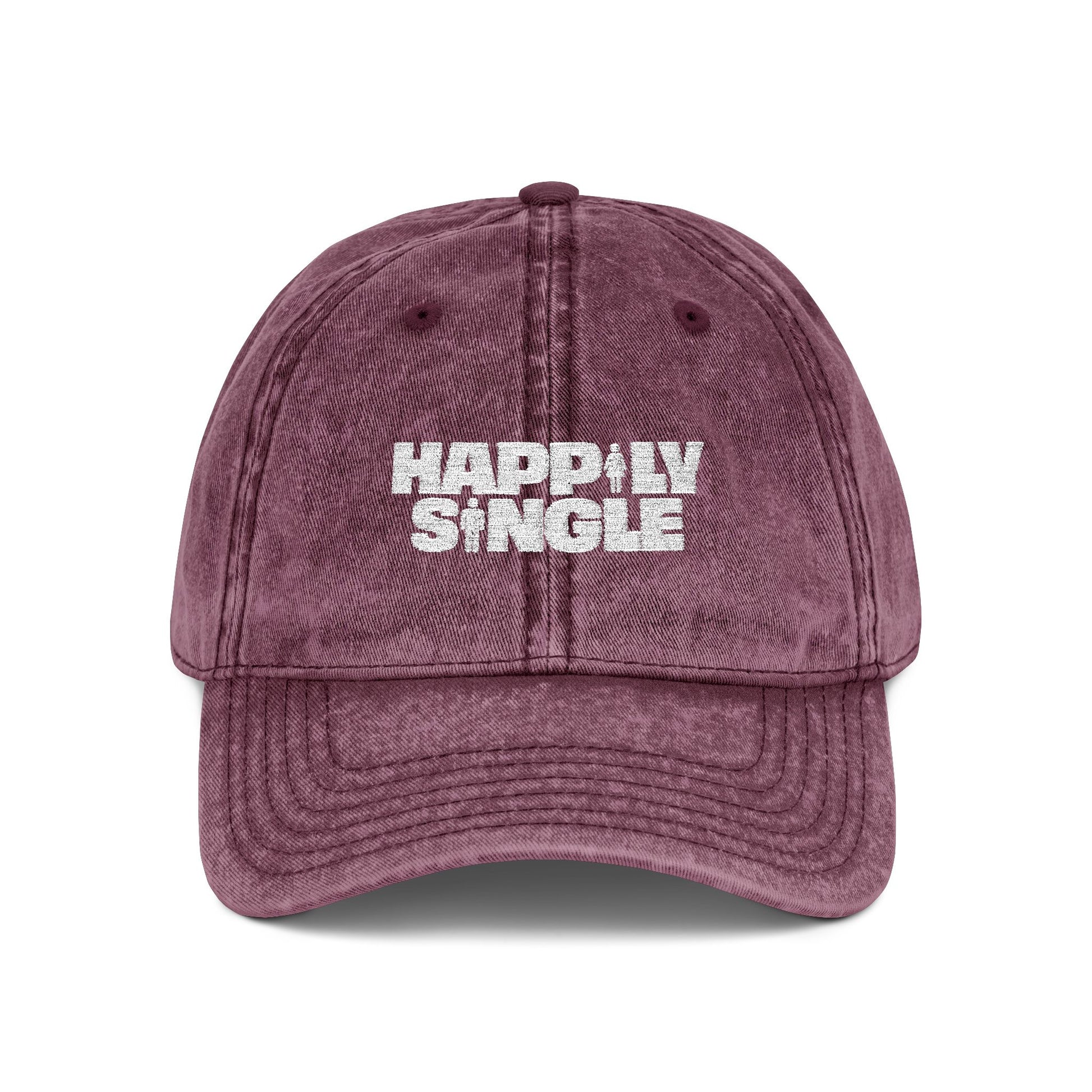 Front view of a maroon Happily Single vintage wash baseball cap.