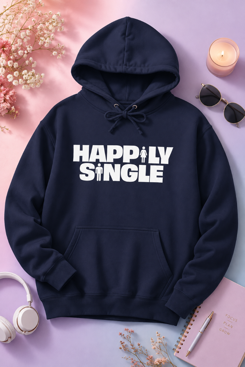 Navy Happily Single hoodie flat lay on pink and lavender pastel gradient background