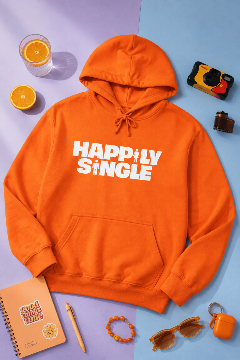 Orange Happily Single hoodie flat lay on pastel blue and lavender background