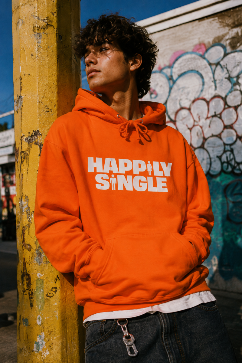 Gen Z model wearing orange Happily Single hoodie in colorful urban street setting