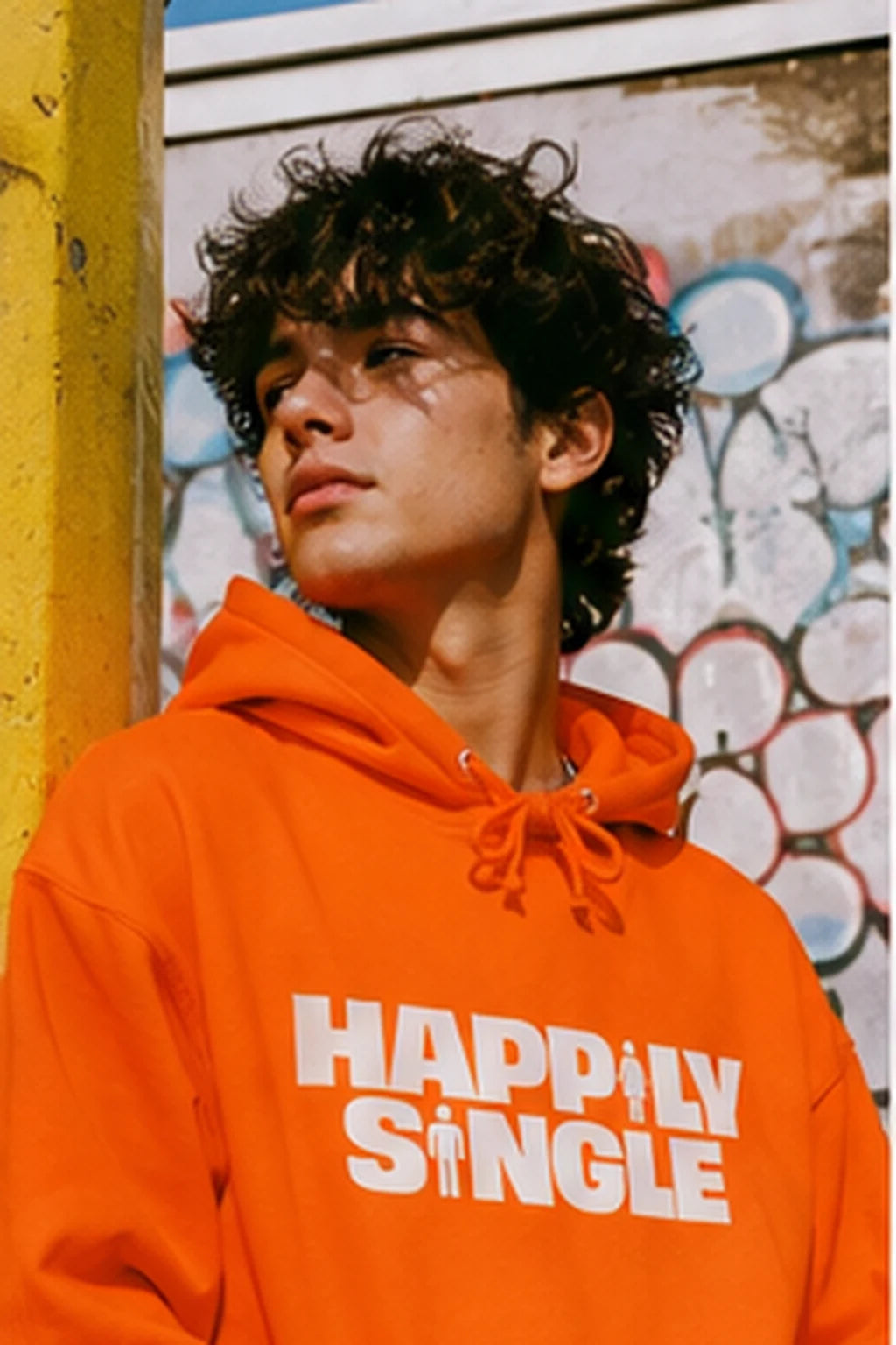 Gen Z model wearing orange Happily Single hoodie beside graffiti wall