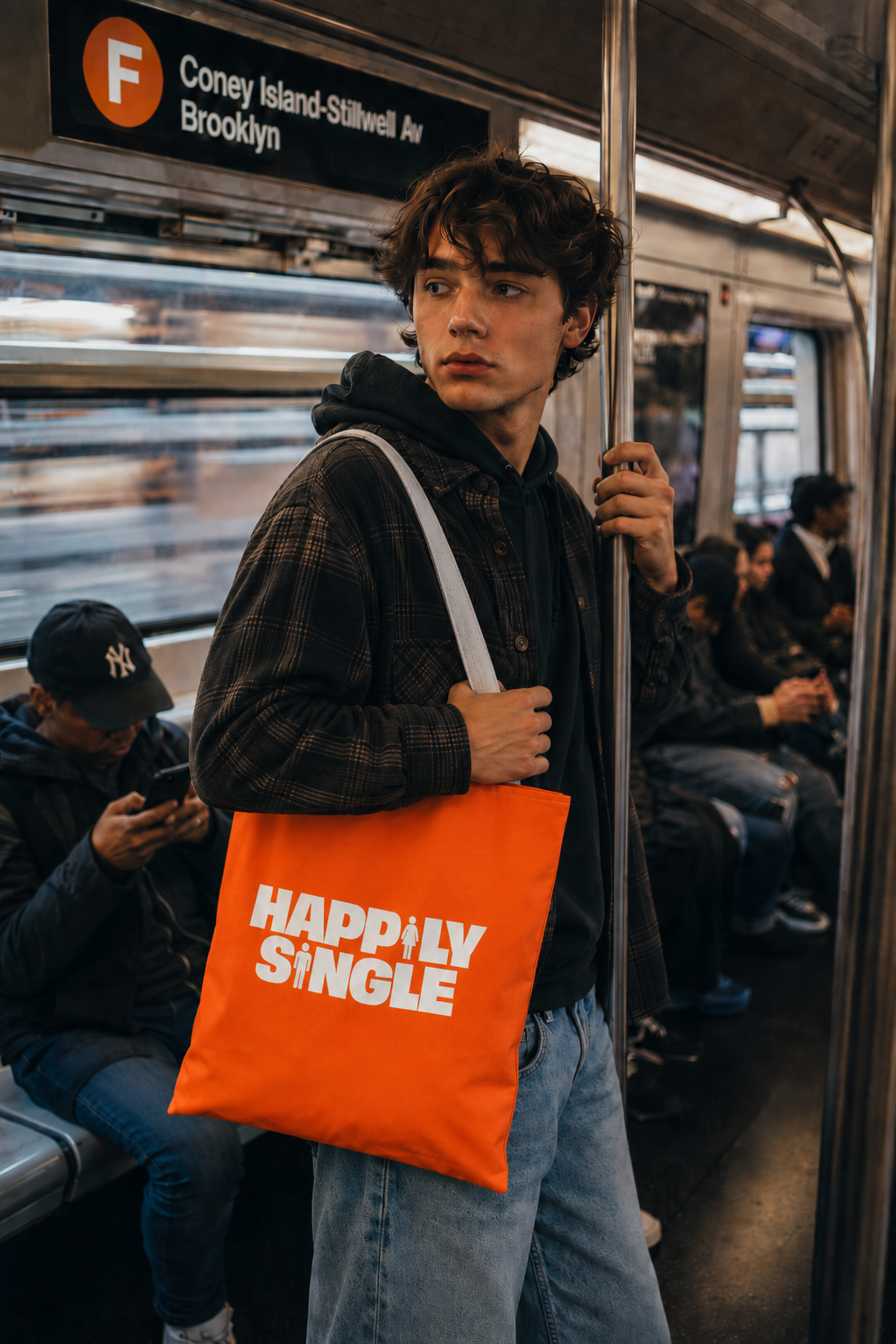 Gen Z man carrying an orange Happily Single tote bag aboard the F train to Brooklyn in New York City.