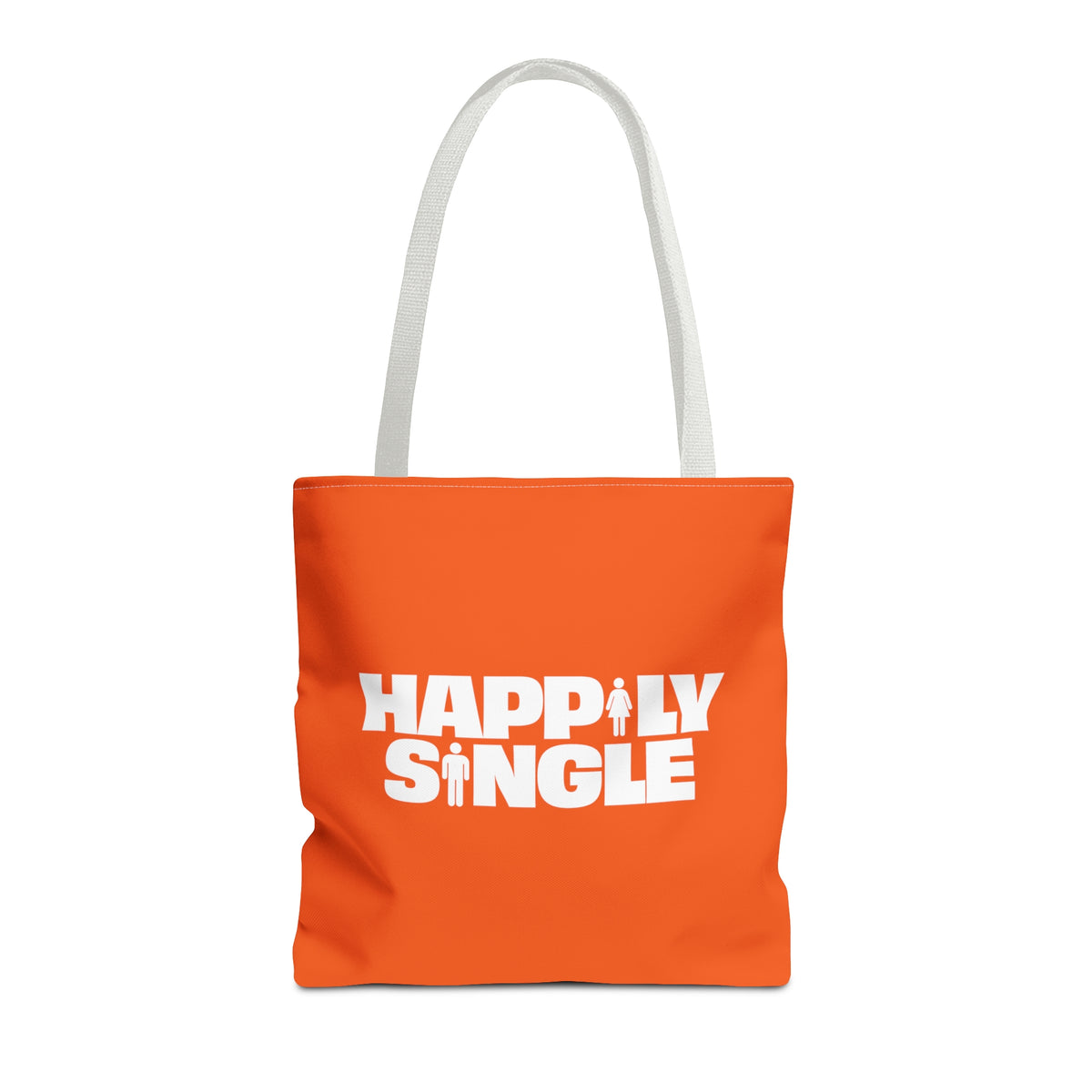 Front product view of an orange Happily Single tote bag with white straps and white statement graphic.