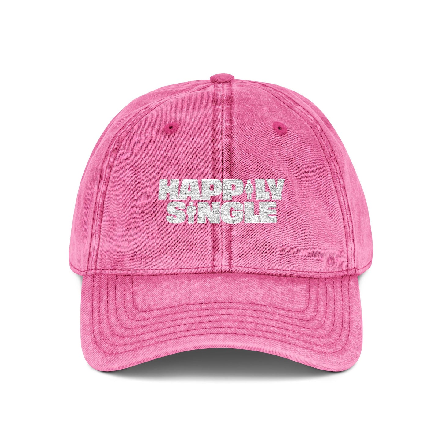 Front-facing pink Happily Single embroidered baseball cap product mockup.