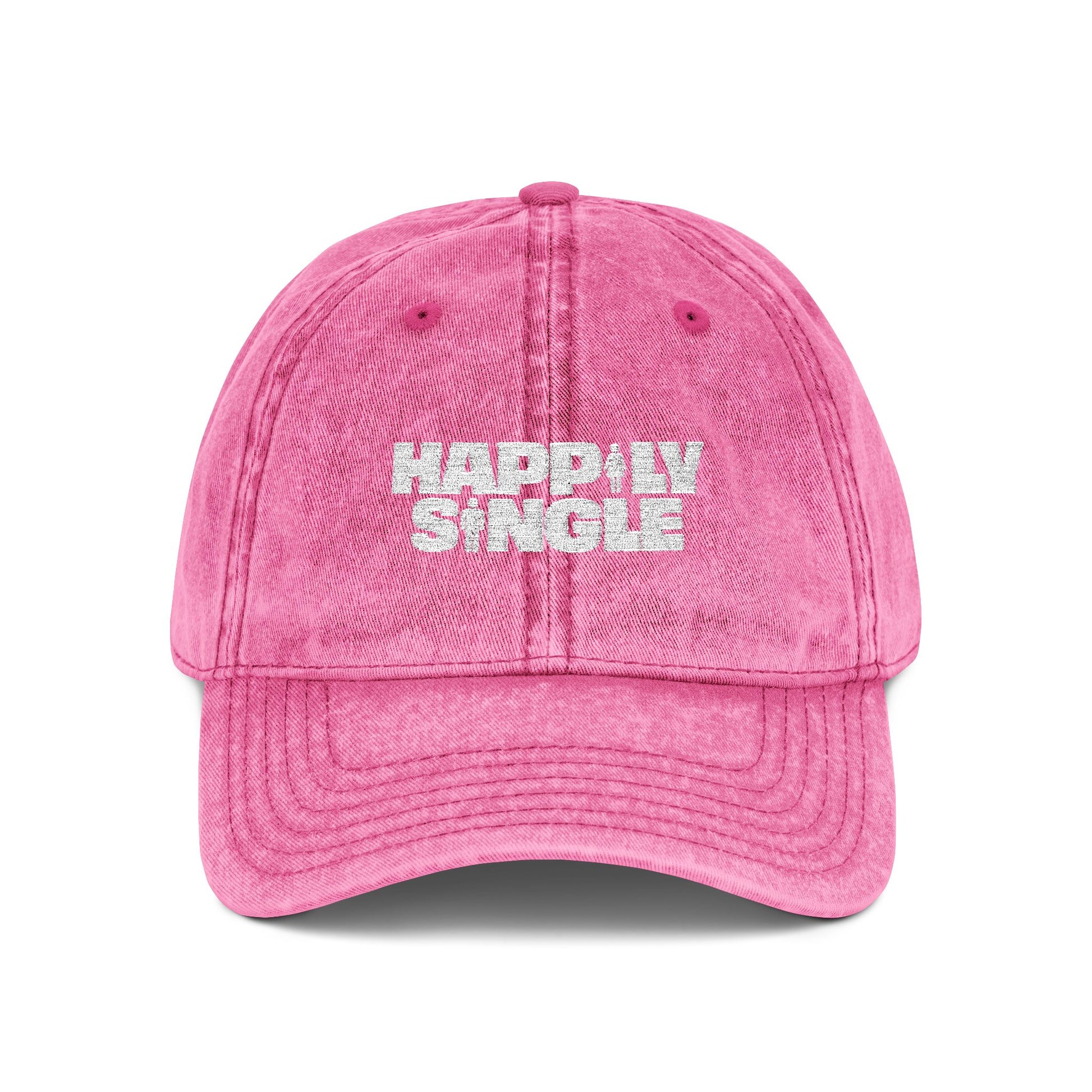 Front-facing pink Happily Single embroidered baseball cap product mockup.