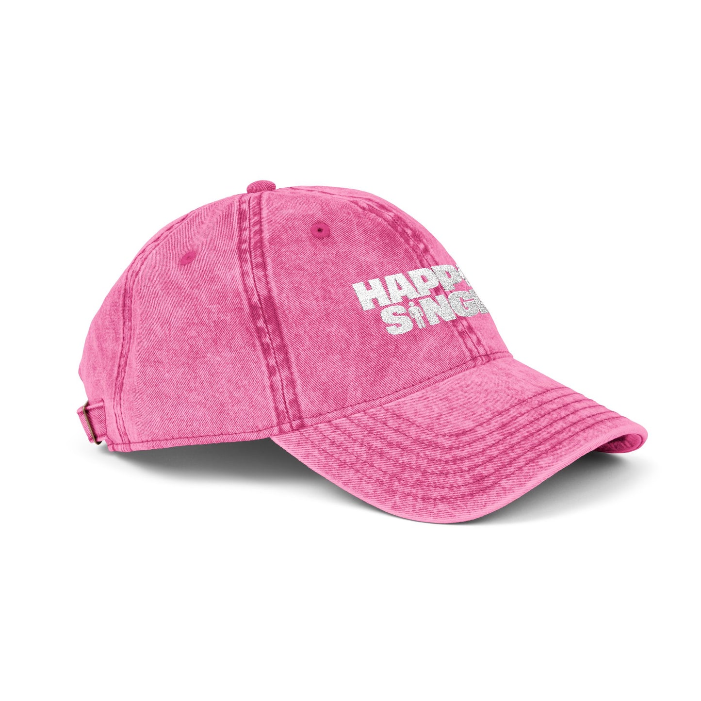 Side profile of a pink Happily Single baseball cap on a clean studio background.