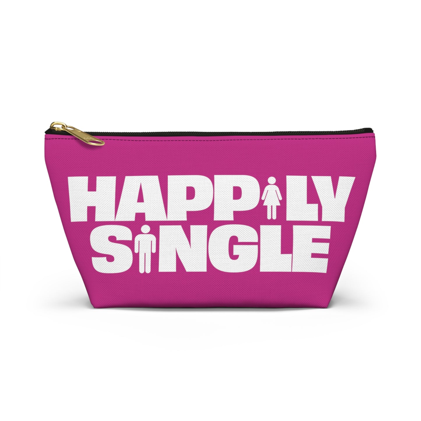 Pink Happily Single makeup bag with bold white graphic shown from the front