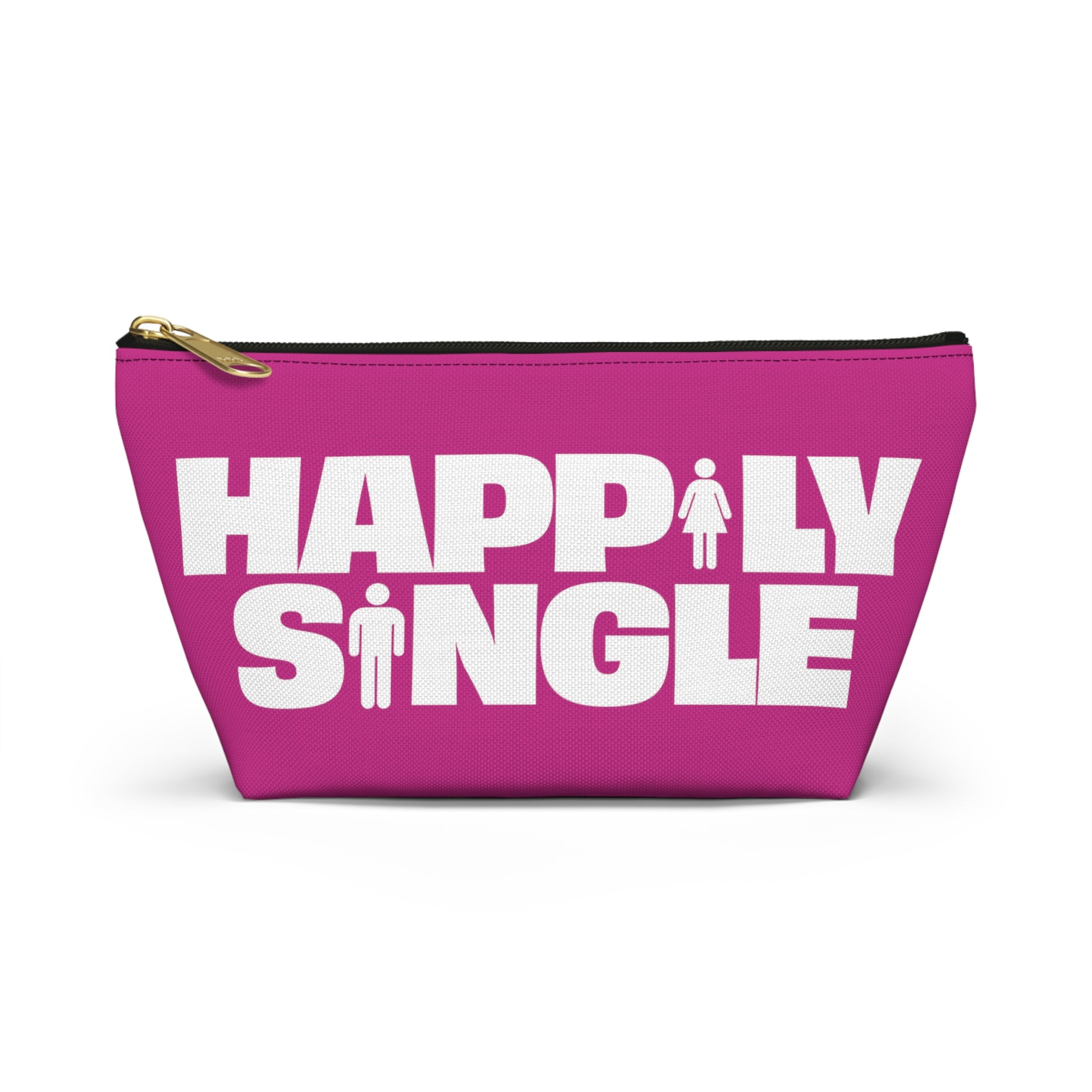 Pink Happily Single makeup bag with bold white graphic shown from the front