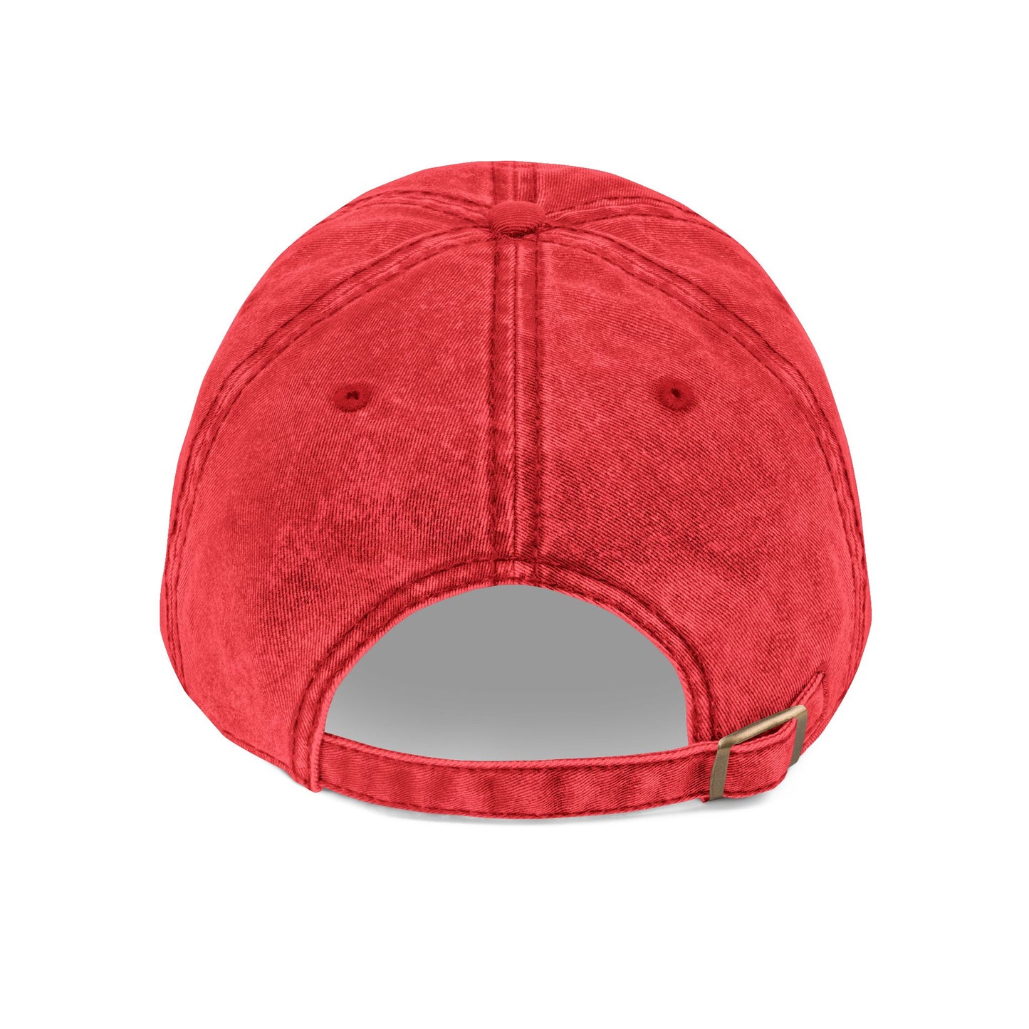 Back view of a red Happily Single baseball cap showing the adjustable strap closure.