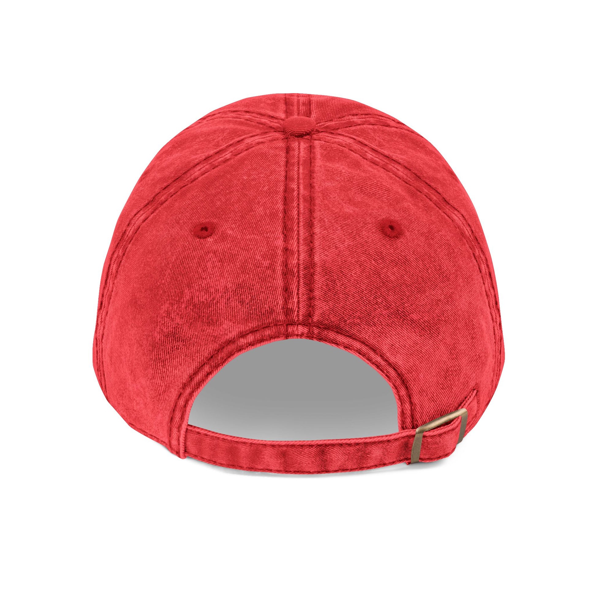 Back view of a red Happily Single baseball cap showing the adjustable strap closure.